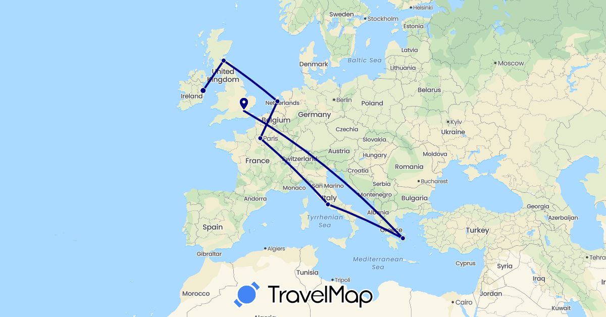 TravelMap itinerary: driving in France, United Kingdom, Greece, Ireland, Italy, Netherlands (Europe)